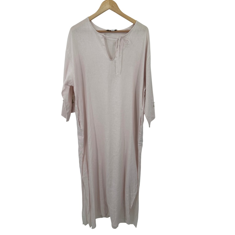 Vintage Priamo Gown Dress 100% Linen Womens S Minimalist Floral Applique Neutral